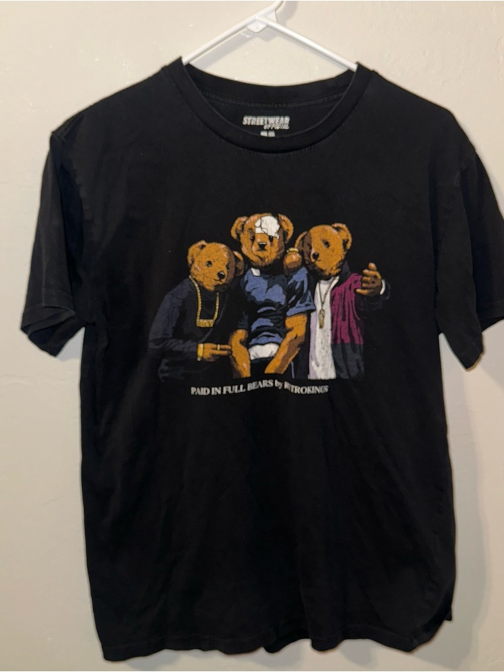 Black Graphic Teddy Bear Tee with 'Paid in Full' Print